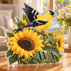 Artwork visualization: Goldfinch sunflower — reading nook decor, personalized AVA, subject-shaped acrylic with printed optical 3D depth; not carved relief.