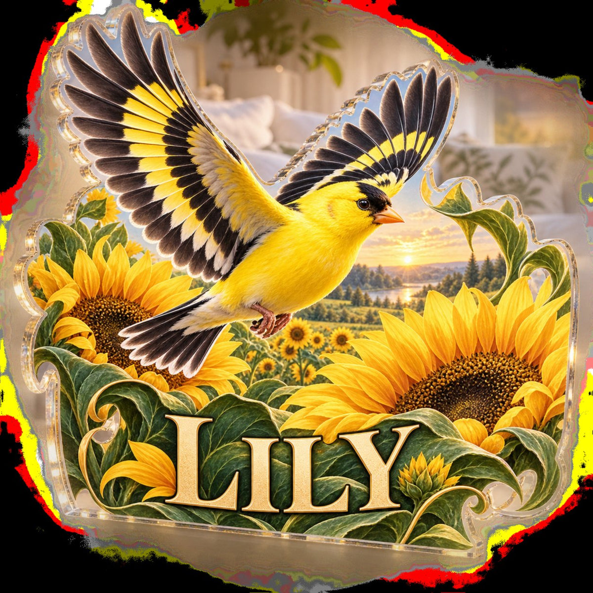 Personalized Goldfinch Sunflower Bedroom Statement Decor custom shape acrylic plaque with an example name set into the artwork, digital preview