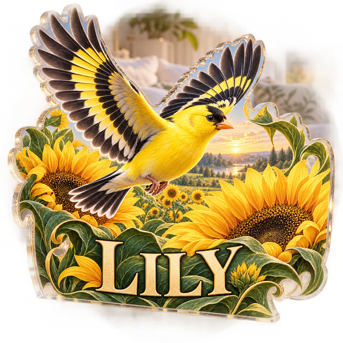 Artwork visualization: Goldfinch sunflower — bedroom statement decor, personalized LILY, subject-shaped acrylic with printed optical 3D depth; not carved relief.