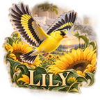 Artwork visualization: Goldfinch sunflower — bedroom statement decor, personalized LILY, subject-shaped acrylic with printed optical 3D depth; not carved relief.