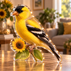 Artwork visualization: Goldfinch sunflower — living room focal point, personalized AVA, subject-shaped acrylic with printed optical 3D depth; not carved relief.