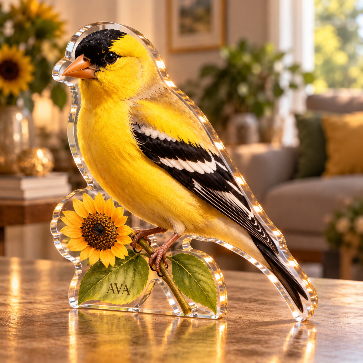 Artwork visualization: Goldfinch sunflower — living room focal point, personalized AVA, subject-shaped acrylic with printed optical 3D depth; not carved relief.