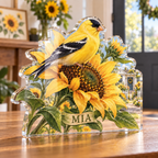 Artwork visualization: Goldfinch sunflower — personalized housewarming, personalized MIA, subject-shaped acrylic with printed optical 3D depth; not carved relief.