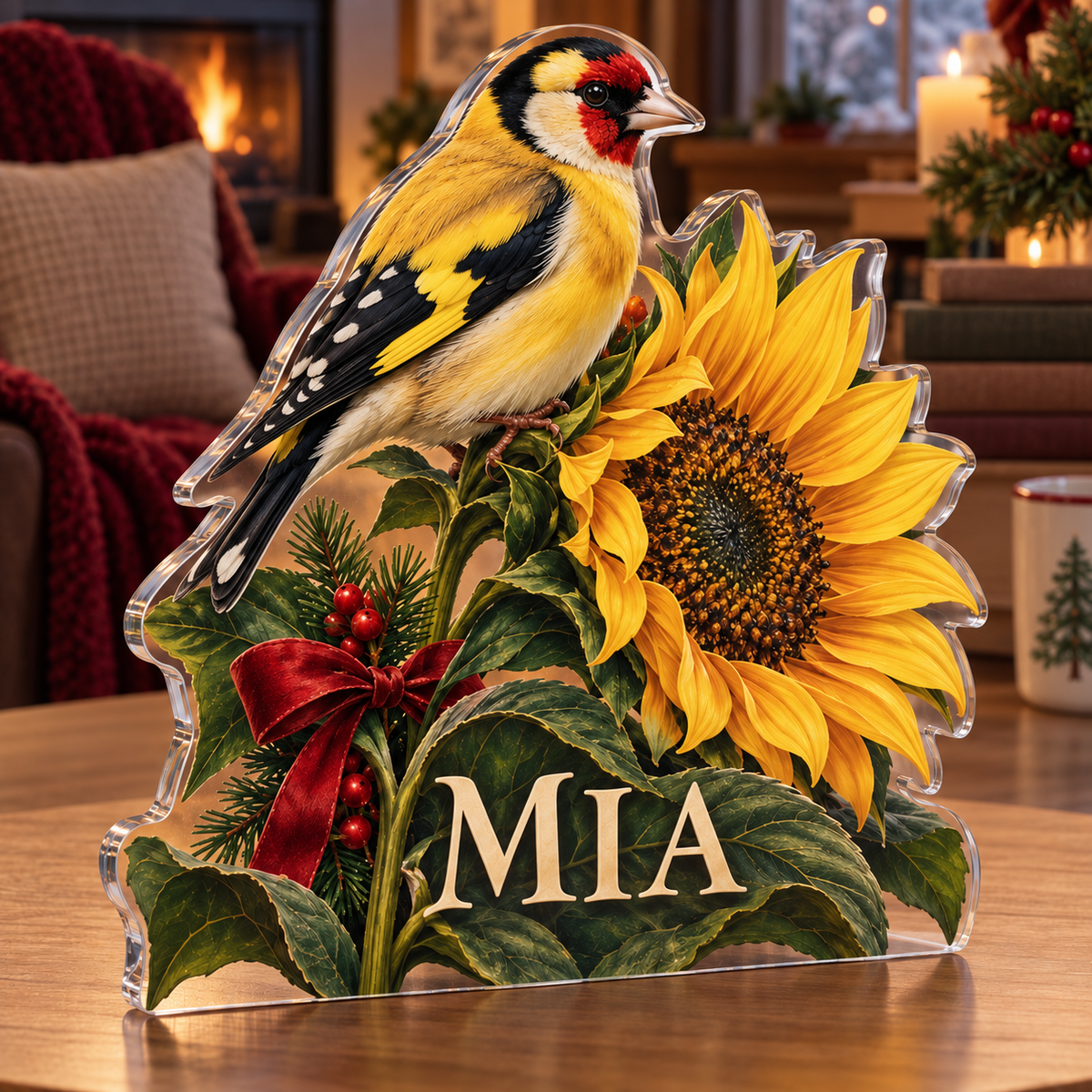 Artwork visualization: Goldfinch sunflower — quiet corner decoration, personalized MIA, subject-shaped acrylic with printed optical 3D depth; not carved relief.