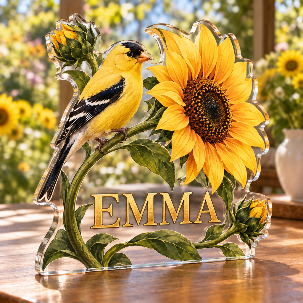 Artwork visualization: Goldfinch sunflower — collector birthday keepsake, personalized EMMA, subject-shaped acrylic with printed optical 3D depth; not carved relief.