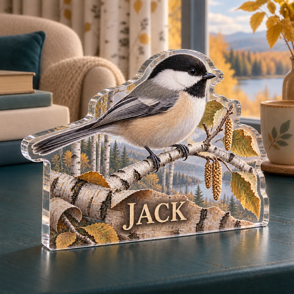Artwork visualization: Chickadee birch — reading nook decor, personalized JACK, subject-shaped acrylic with printed optical 3D depth; not carved relief.
