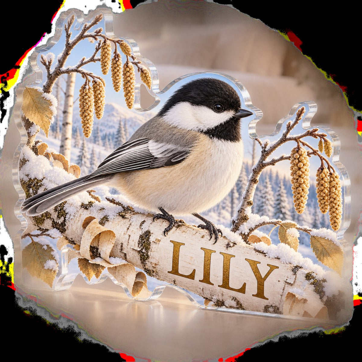 Personalized Chickadee Birch Bedroom Statement Decor custom shape acrylic plaque with an example name set into the artwork, digital preview