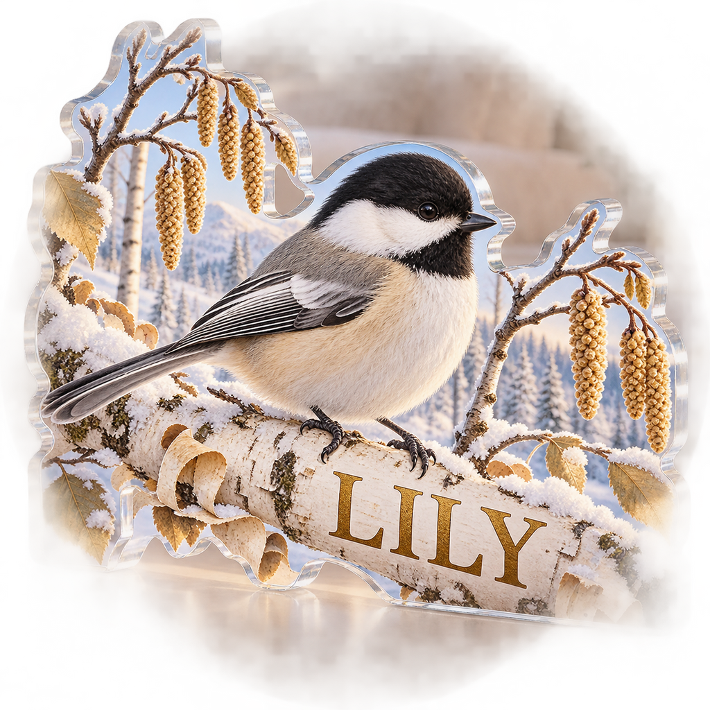 Artwork visualization: Chickadee birch — bedroom statement decor, personalized LILY, subject-shaped acrylic with printed optical 3D depth; not carved relief.