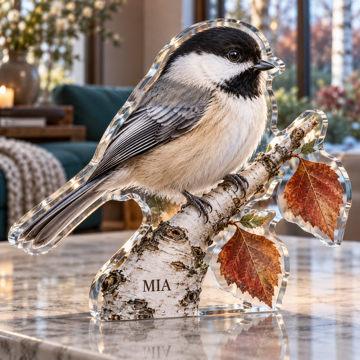 Artwork visualization: Chickadee birch — living room focal point, personalized MIA, subject-shaped acrylic with printed optical 3D depth; not carved relief.