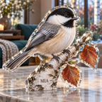Artwork visualization: Chickadee birch — living room focal point, personalized MIA, subject-shaped acrylic with printed optical 3D depth; not carved relief.