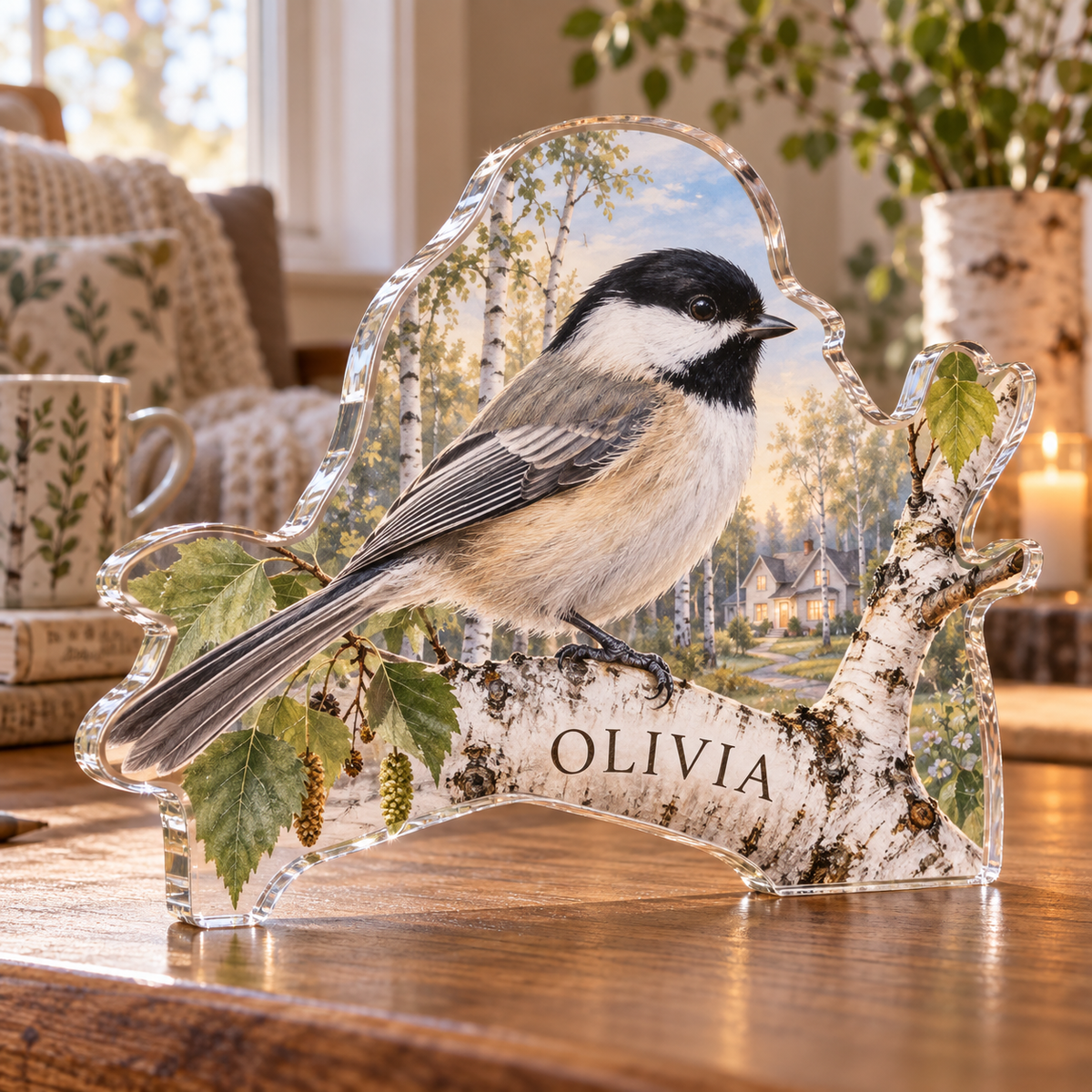 Artwork visualization: Chickadee birch — personalized housewarming, personalized OLIVIA, subject-shaped acrylic with printed optical 3D depth; not carved relief.