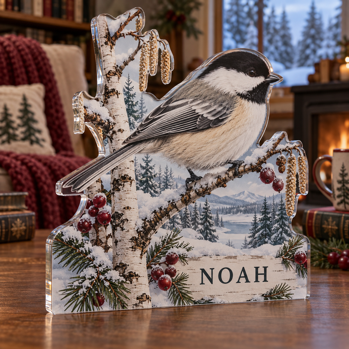 Artwork visualization: Chickadee birch — quiet corner decoration, personalized NOAH, subject-shaped acrylic with printed optical 3D depth; not carved relief.