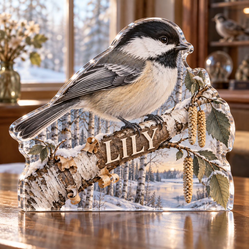 Artwork visualization: Chickadee birch — collector birthday keepsake, personalized LILY, subject-shaped acrylic with printed optical 3D depth; not carved relief.