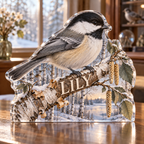 Artwork visualization: Chickadee birch — collector birthday keepsake, personalized LILY, subject-shaped acrylic with printed optical 3D depth; not carved relief.