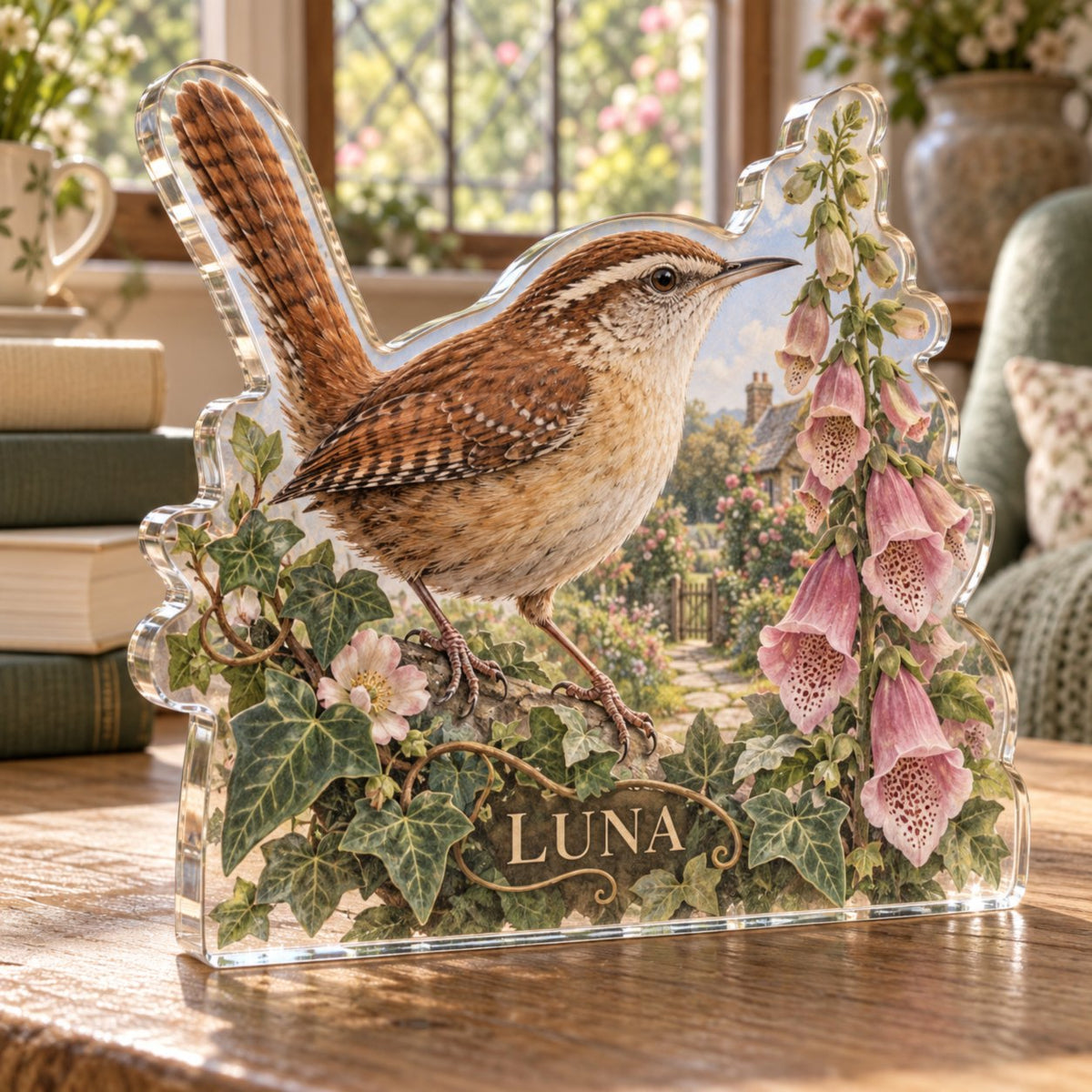 Personalized Wren Cottage Garden Reading Nook Decor custom shape acrylic plaque with an example name set into the artwork, digital preview
