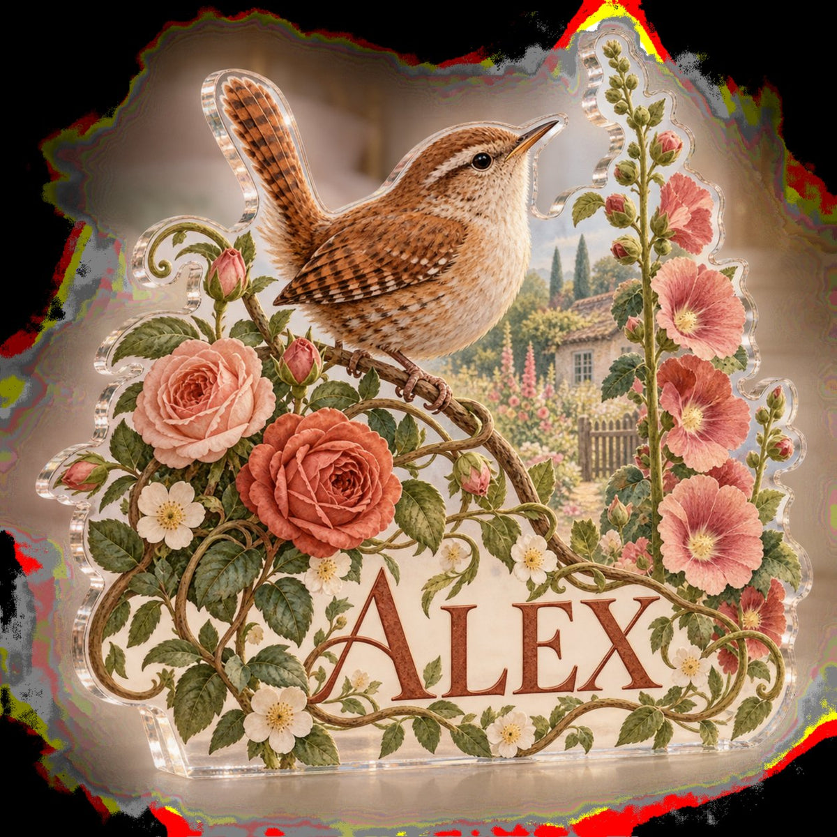 Personalized Wren Cottage Garden Bedroom Statement Decor custom shape acrylic plaque with an example name set into the artwork, digital preview