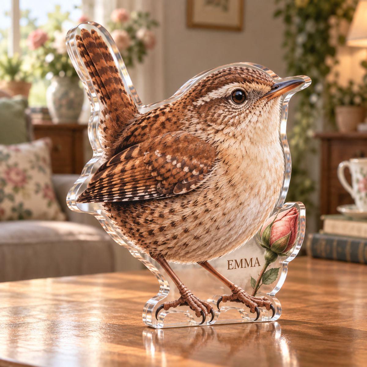 Artwork visualization: Wren cottage garden — living room focal point, personalized EMMA, subject-shaped acrylic with printed optical 3D depth; not carved relief.