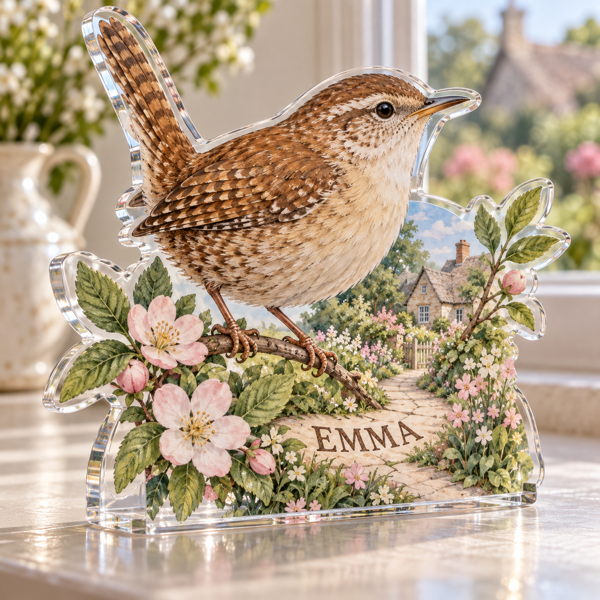Artwork visualization: Wren cottage garden — personalized housewarming, personalized EMMA, subject-shaped acrylic with printed optical 3D depth; not carved relief.