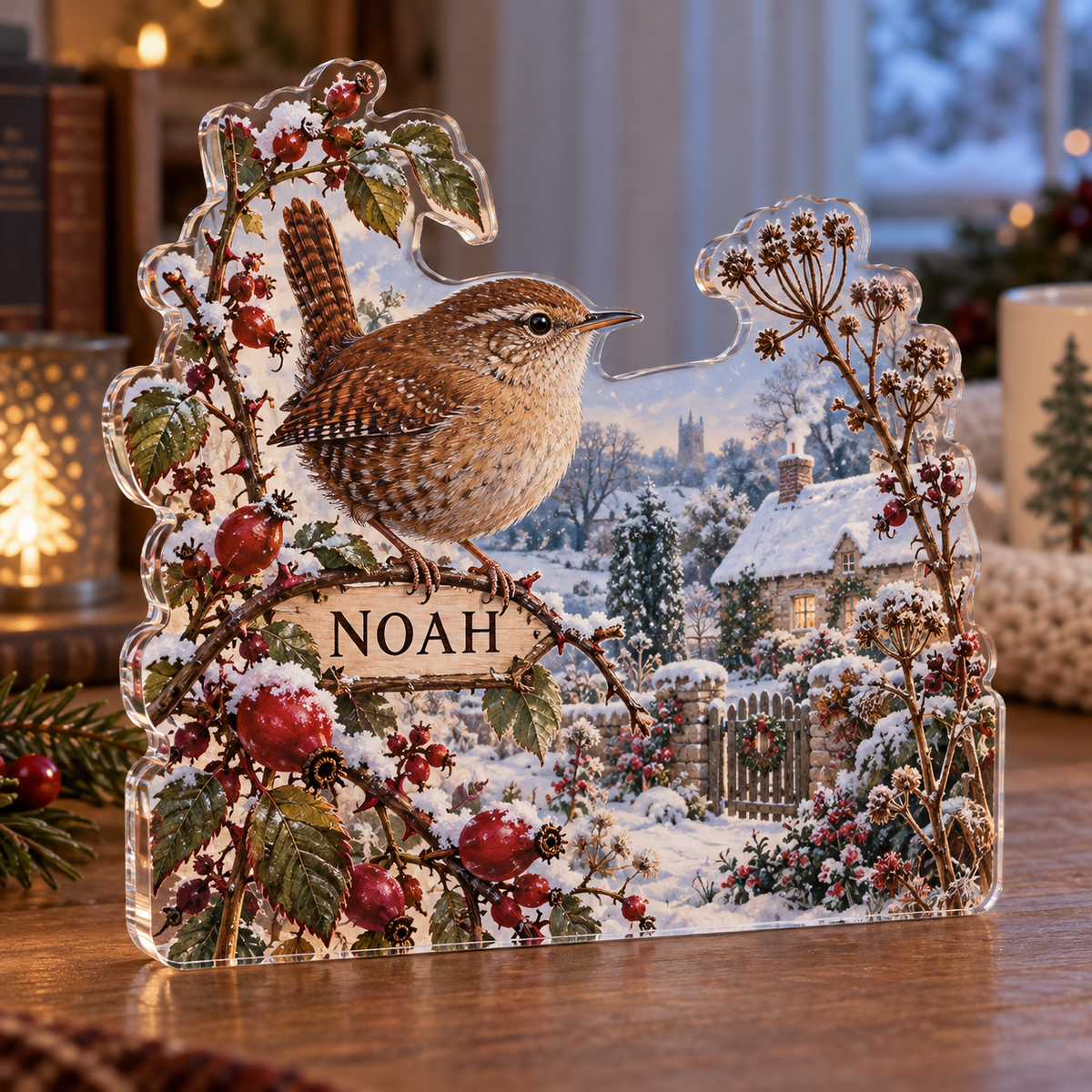Personalized Wren Cottage Garden — Quiet Corner Decoration acrylic plaque with an example name set into the artwork, digital preview