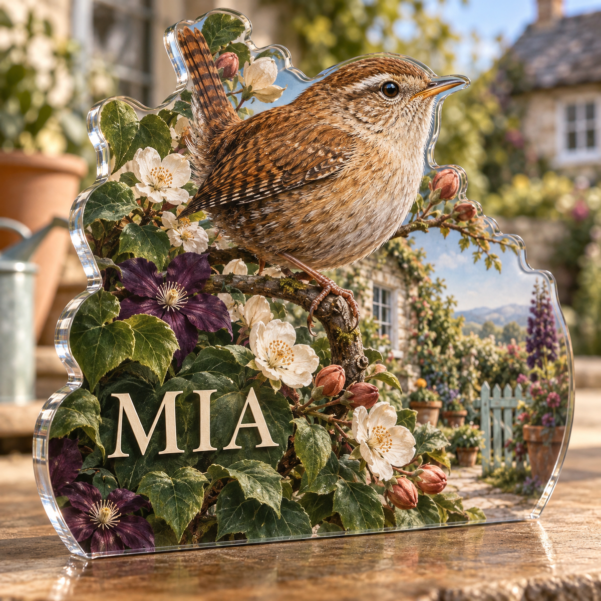 Artwork visualization: Wren cottage garden — collector birthday keepsake, personalized MIA, subject-shaped acrylic with printed optical 3D depth; not carved relief.