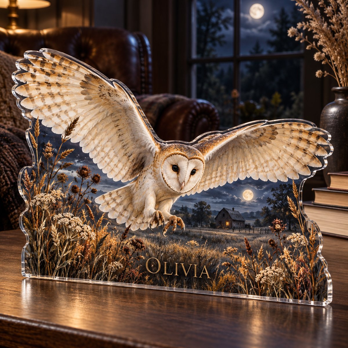 Artwork visualization: Barn owl meadow — reading nook decor, personalized OLIVIA, subject-shaped acrylic with printed optical 3D depth; not carved relief.