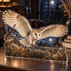 Artwork visualization: Barn owl meadow — reading nook decor, personalized OLIVIA, subject-shaped acrylic with printed optical 3D depth; not carved relief.