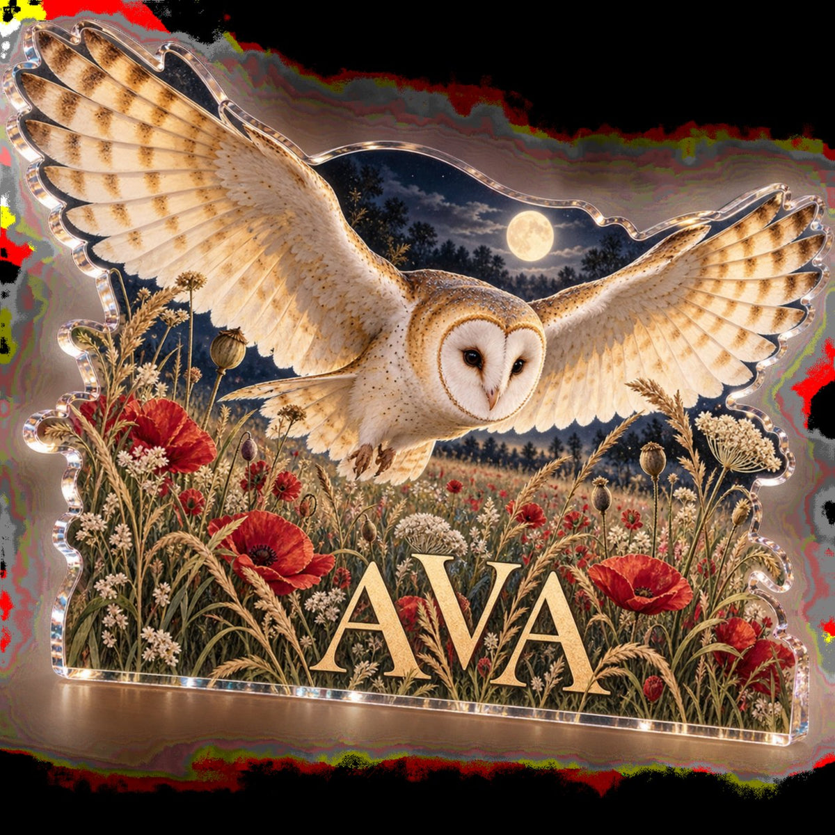 Personalized Barn Owl Meadow Bedroom Statement Decor custom shape acrylic plaque with an example name set into the artwork, digital preview