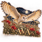 Artwork visualization: Barn owl meadow — bedroom statement decor, personalized AVA, subject-shaped acrylic with printed optical 3D depth; not carved relief.