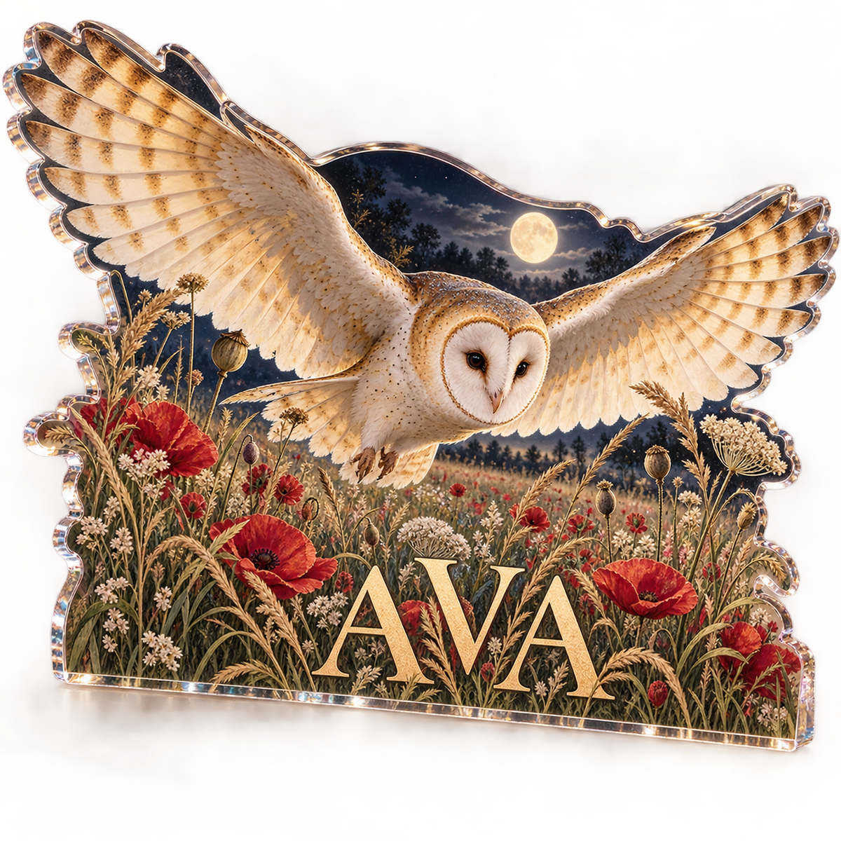 Artwork visualization: Barn owl meadow — bedroom statement decor, personalized AVA, subject-shaped acrylic with printed optical 3D depth; not carved relief.