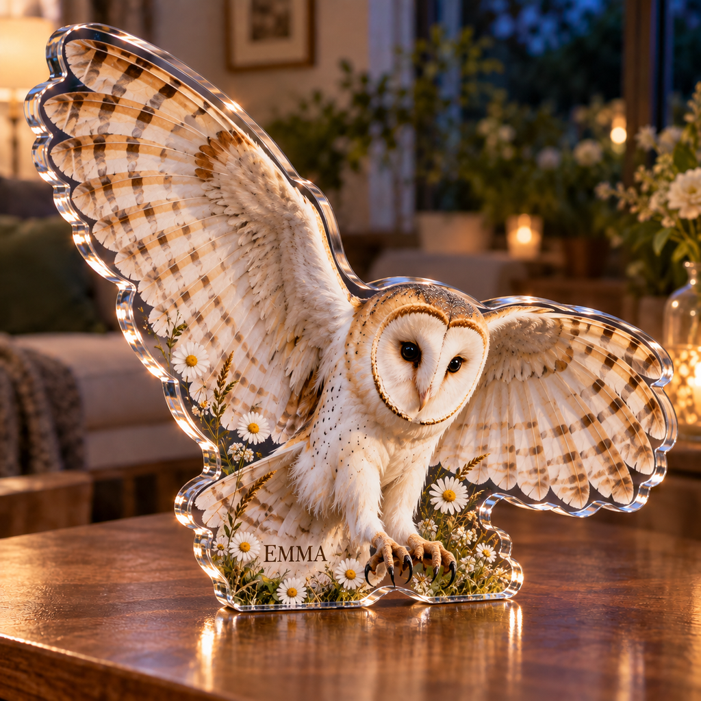 Artwork visualization: Barn owl meadow — living room focal point, personalized EMMA, subject-shaped acrylic with printed optical 3D depth; not carved relief.