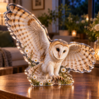 Artwork visualization: Barn owl meadow — living room focal point, personalized EMMA, subject-shaped acrylic with printed optical 3D depth; not carved relief.