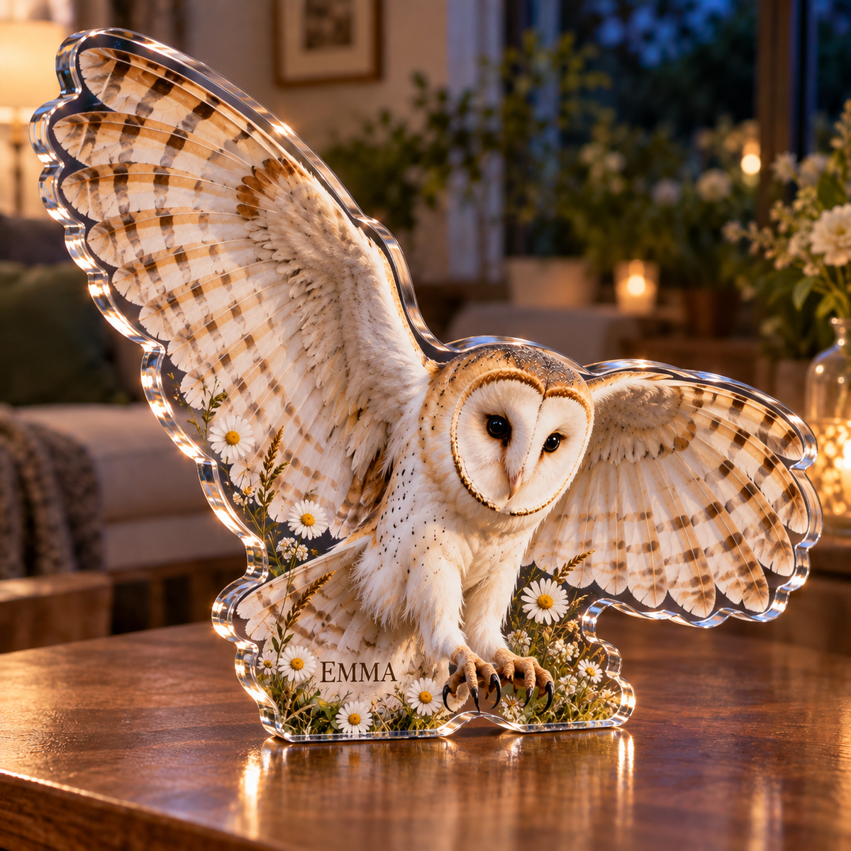 Artwork visualization: Barn owl meadow — living room focal point, personalized EMMA, subject-shaped acrylic with printed optical 3D depth; not carved relief.