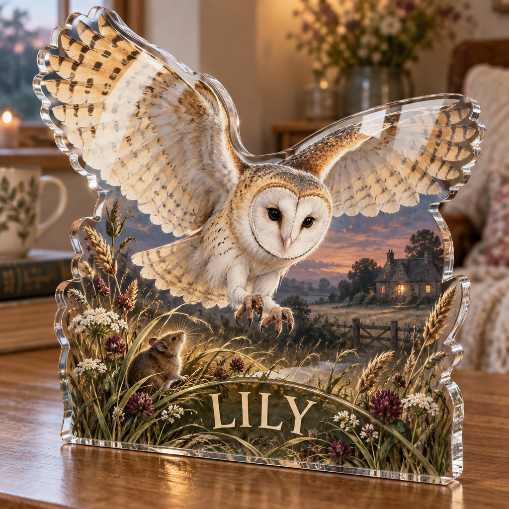 Artwork visualization: Barn owl meadow — personalized housewarming, personalized LILY, subject-shaped acrylic with printed optical 3D depth; not carved relief.