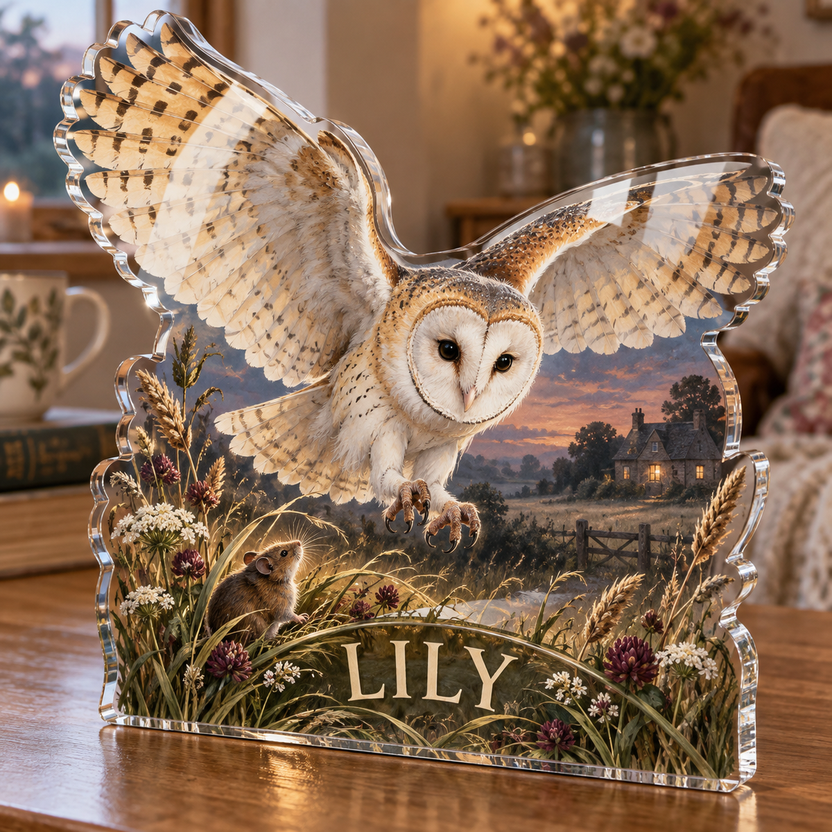 Artwork visualization: Barn owl meadow — personalized housewarming, personalized LILY, subject-shaped acrylic with printed optical 3D depth; not carved relief.