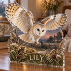 Artwork visualization: Barn owl meadow — personalized housewarming, personalized LILY, subject-shaped acrylic with printed optical 3D depth; not carved relief.
