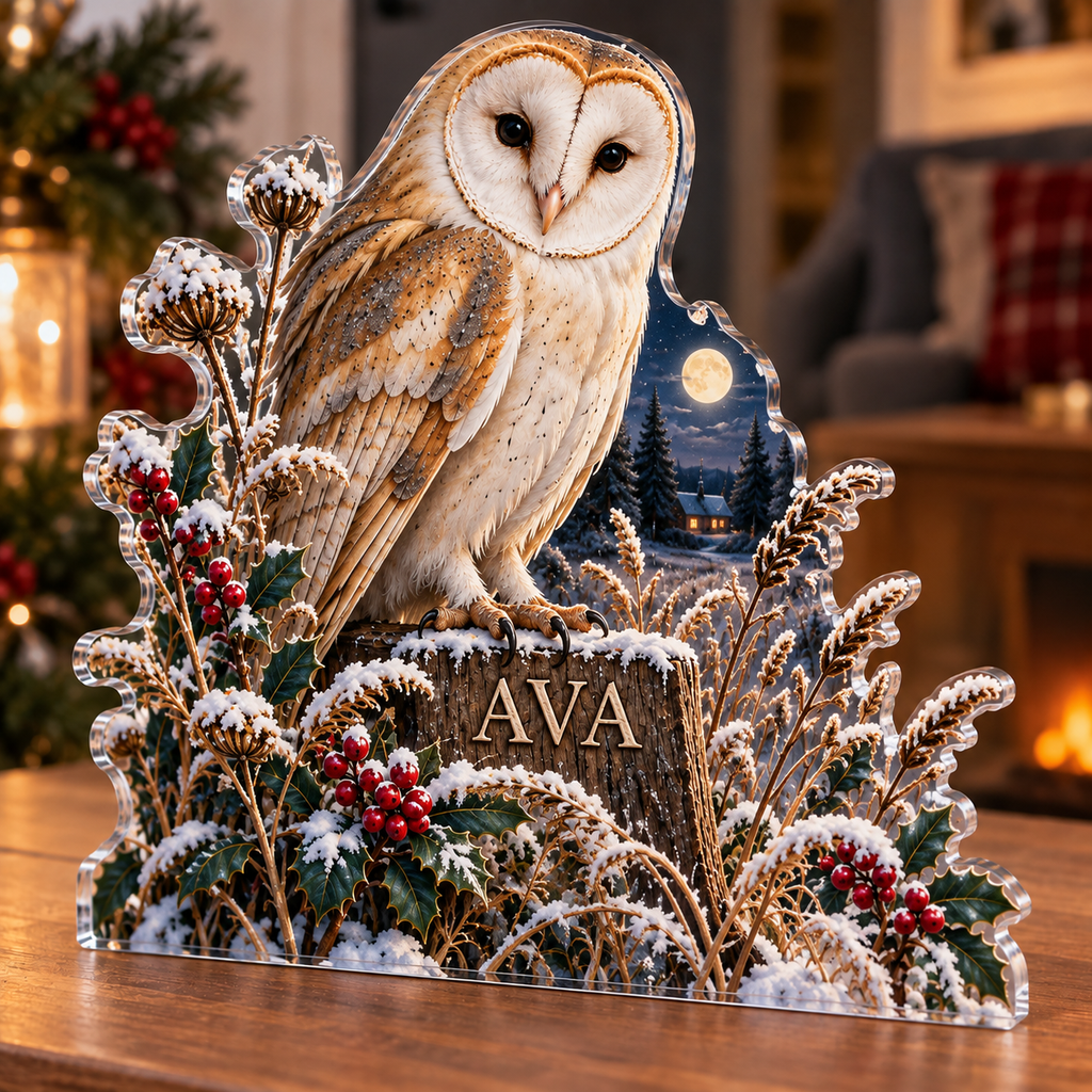 Artwork visualization: Barn owl meadow — quiet corner decoration, personalized AVA, subject-shaped acrylic with printed optical 3D depth; not carved relief.