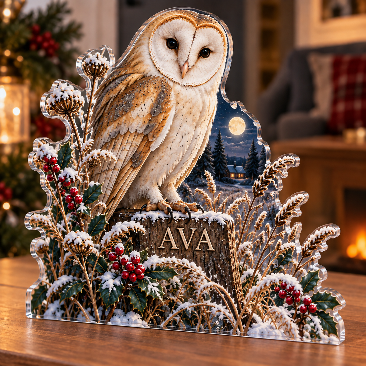 Artwork visualization: Barn owl meadow — quiet corner decoration, personalized AVA, subject-shaped acrylic with printed optical 3D depth; not carved relief.