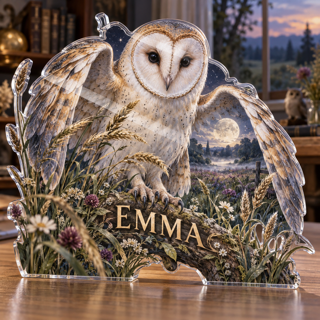 Artwork visualization: Barn owl meadow — collector birthday keepsake, personalized EMMA, subject-shaped acrylic with printed optical 3D depth; not carved relief.