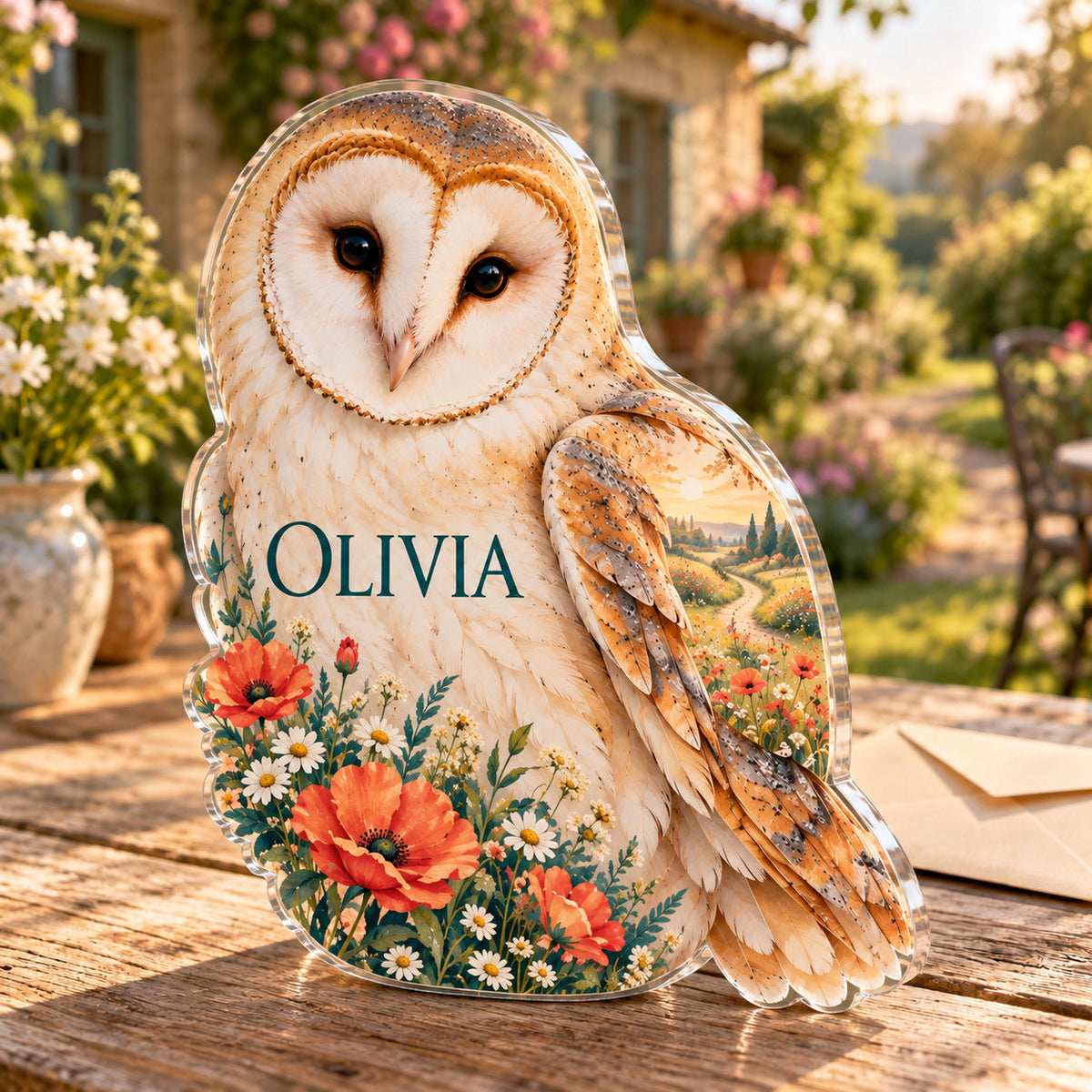 Personalized acrylic plaque with an example name set into the artwork, digital preview