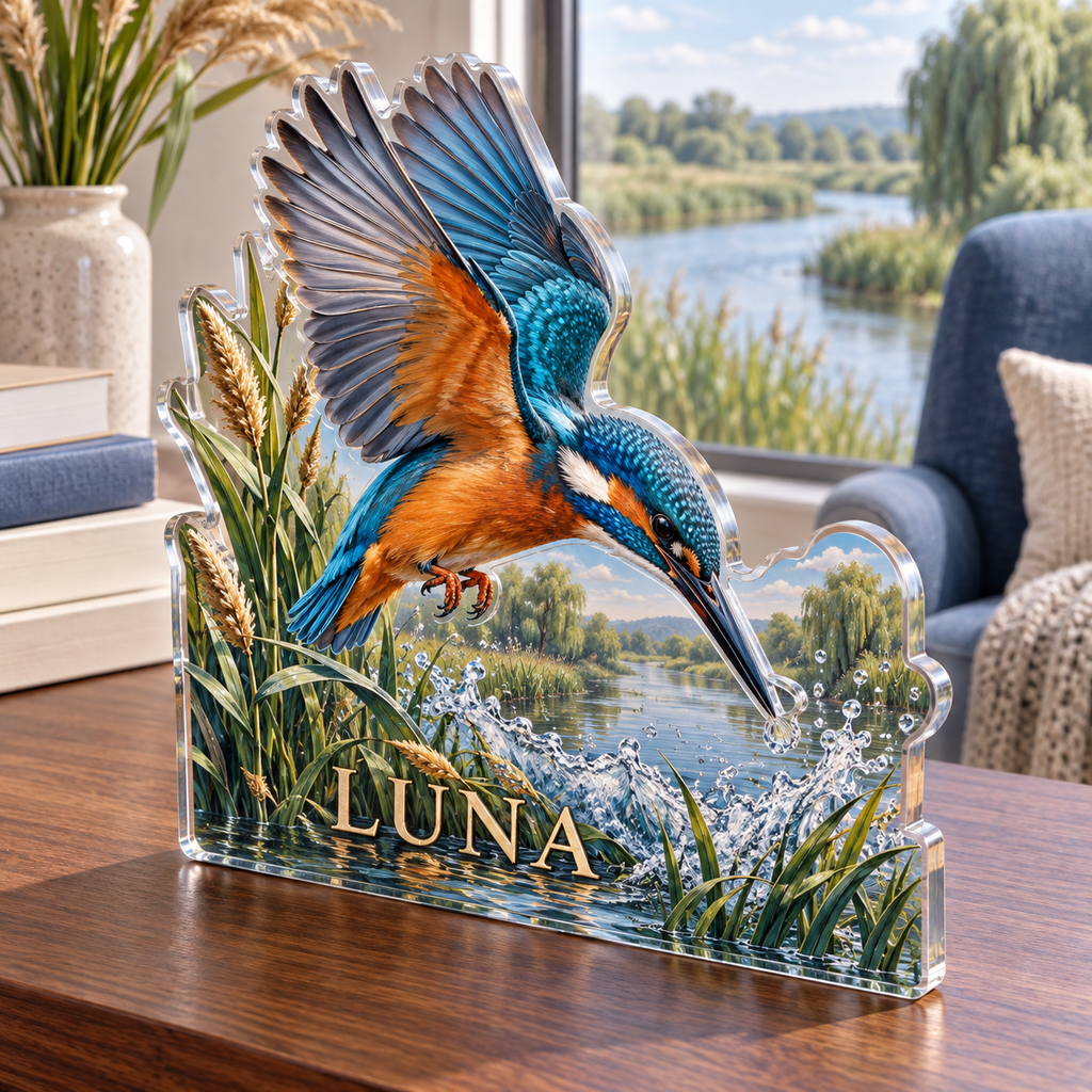 Artwork visualization: Kingfisher river — reading nook decor, personalized LUNA, subject-shaped acrylic with printed optical 3D depth; not carved relief.