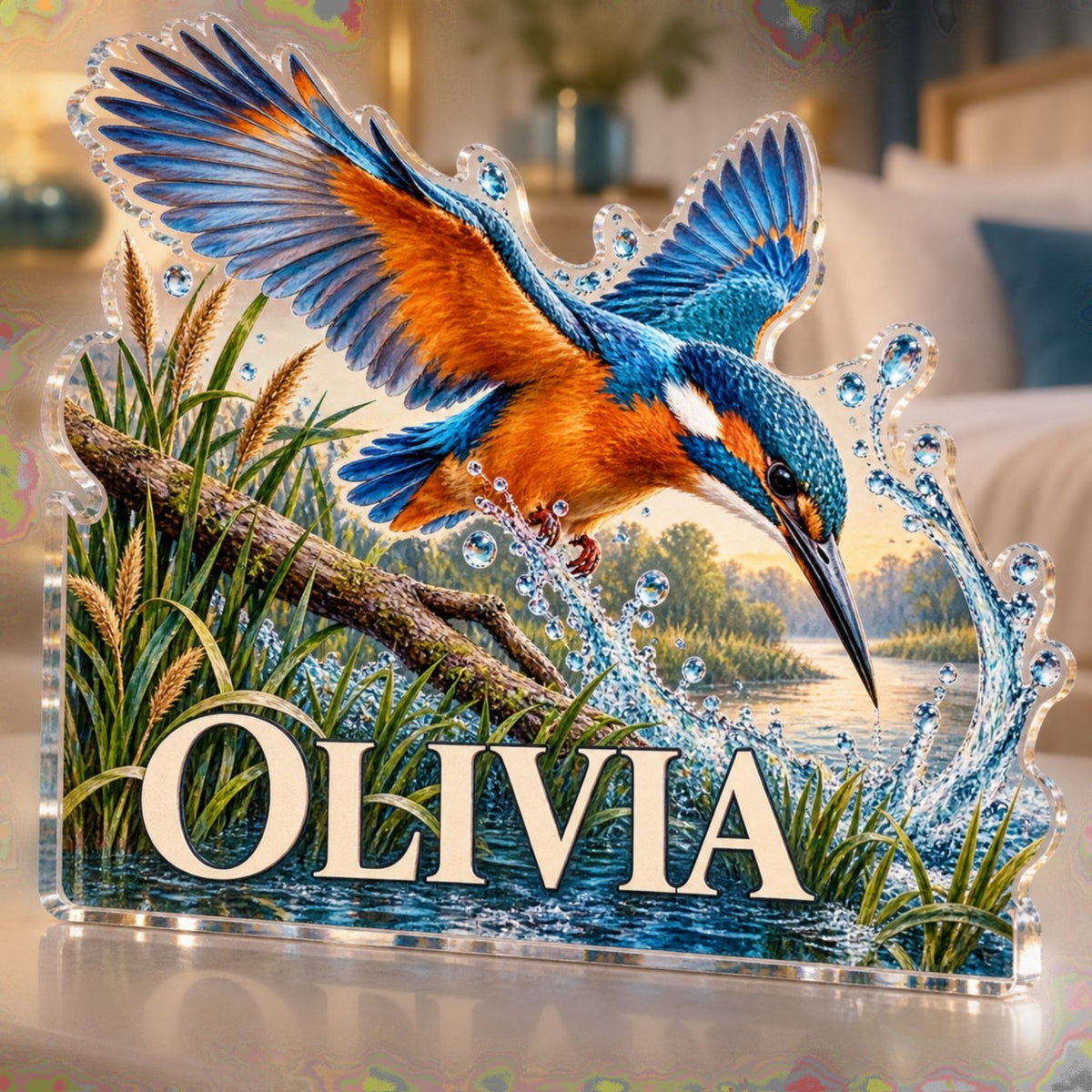 Personalized Kingfisher River Bedroom Statement Decor custom shape acrylic plaque with an example name set into the artwork, digital preview