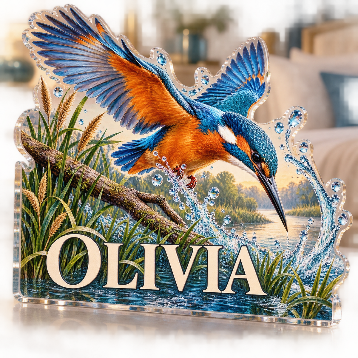 Artwork visualization: Kingfisher river — bedroom statement decor, personalized OLIVIA, subject-shaped acrylic with printed optical 3D depth; not carved relief.