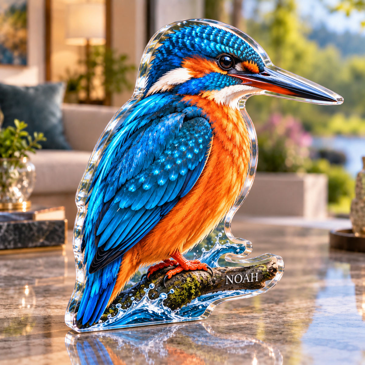 Artwork visualization: Kingfisher river — living room focal point, personalized NOAH, subject-shaped acrylic with printed optical 3D depth; not carved relief.