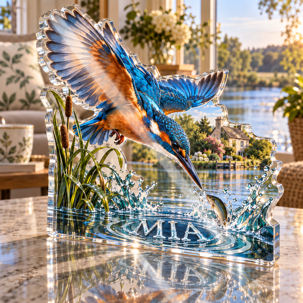 Artwork visualization: Kingfisher river — personalized housewarming, personalized MIA, subject-shaped acrylic with printed optical 3D depth; not carved relief.