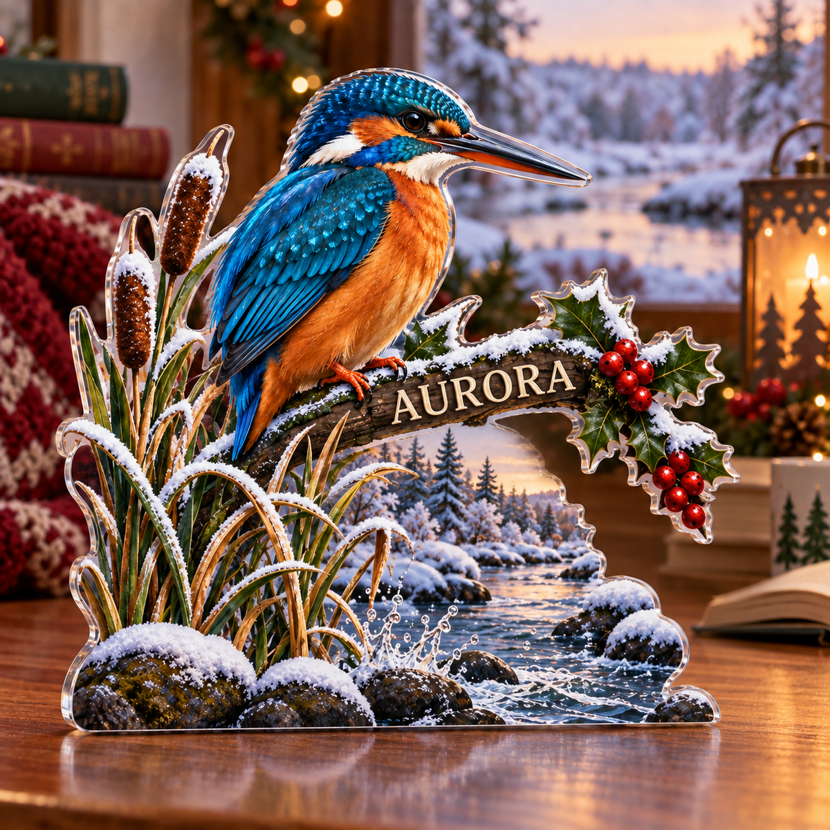 Artwork visualization: Kingfisher river — quiet corner decoration, personalized AURORA, subject-shaped acrylic with printed optical 3D depth; not carved relief.