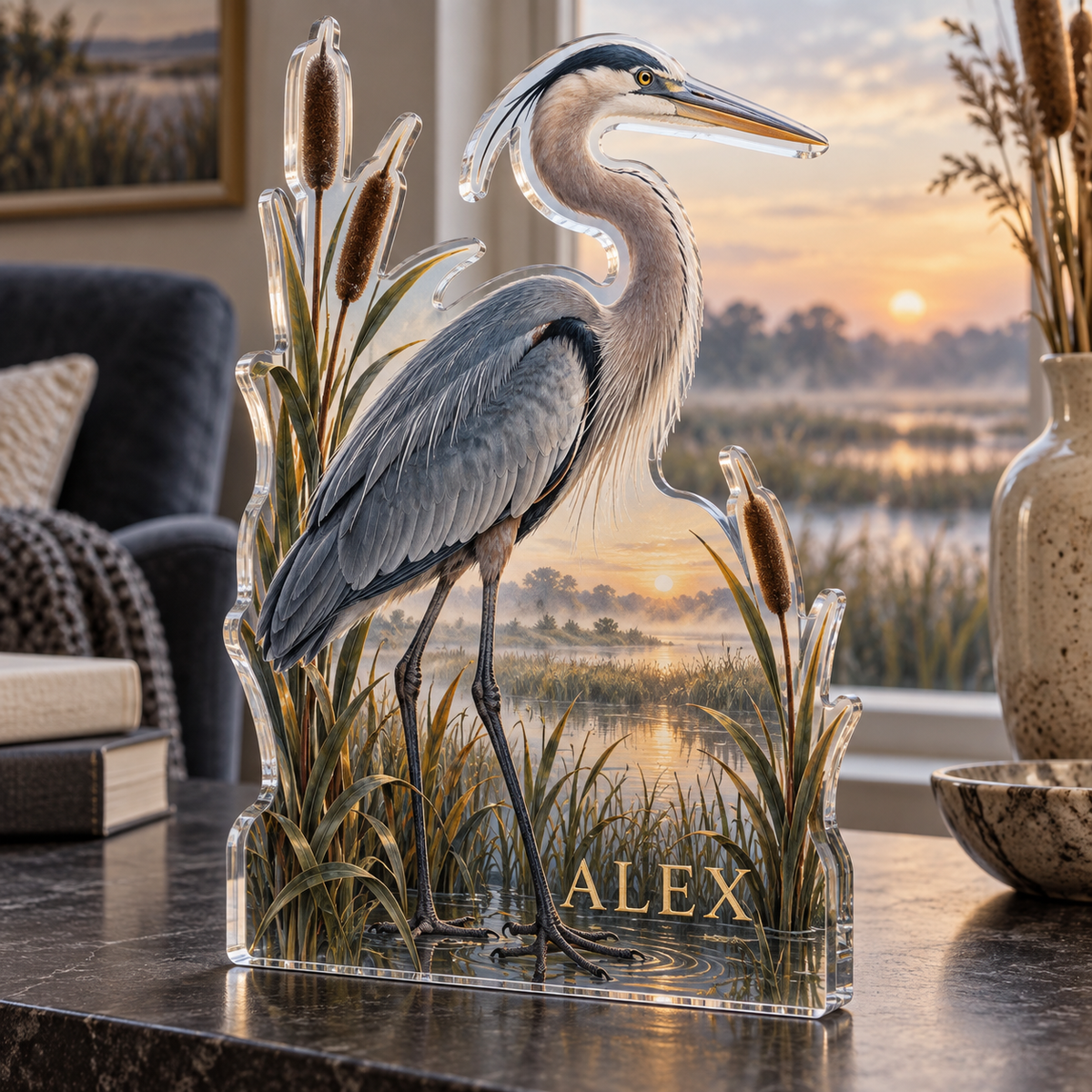 Artwork visualization: Heron marsh — reading nook decor, personalized ALEX, subject-shaped acrylic with printed optical 3D depth; not carved relief.