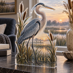 Artwork visualization: Heron marsh — reading nook decor, personalized ALEX, subject-shaped acrylic with printed optical 3D depth; not carved relief.