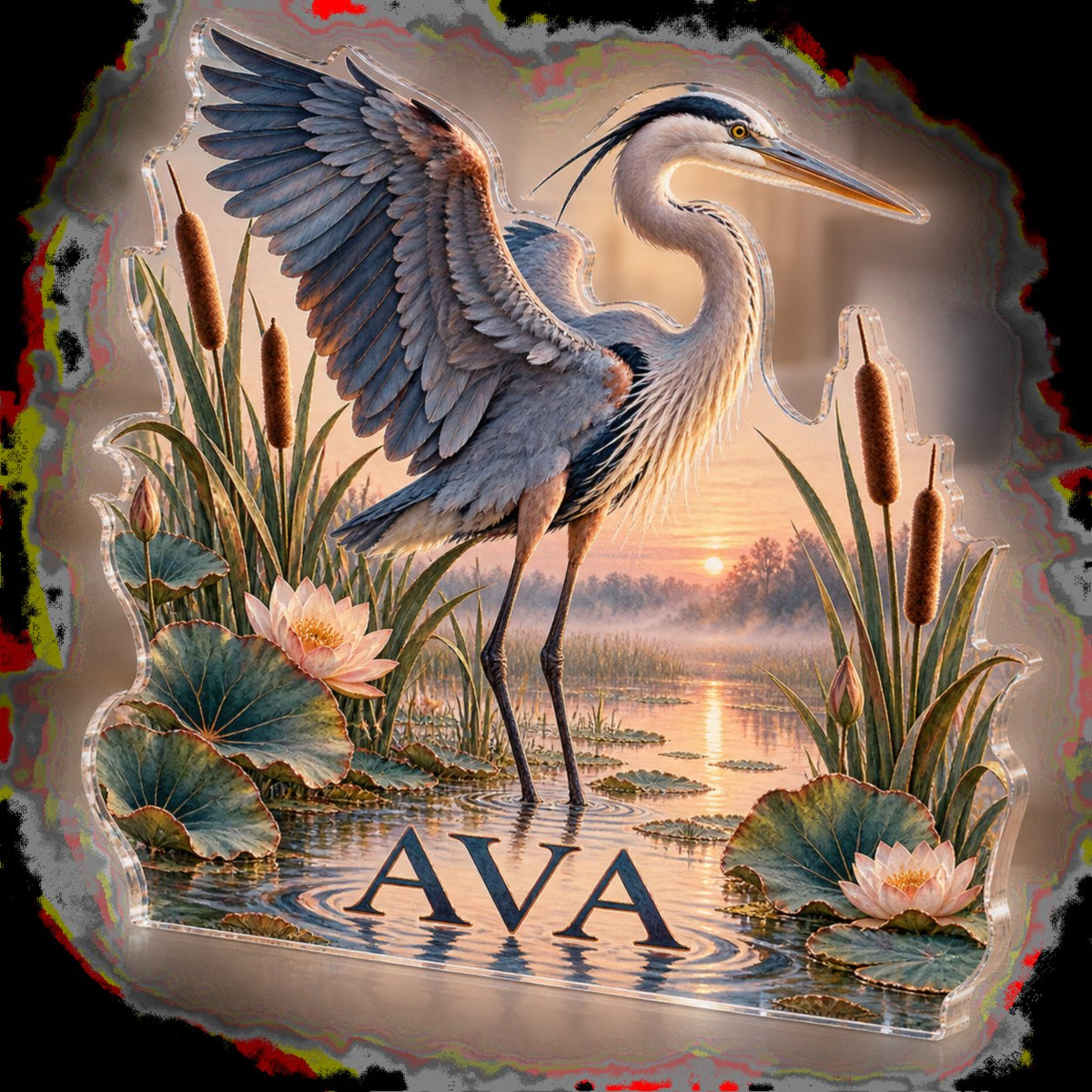 Personalized Heron Marsh Bedroom Statement Decor custom shape acrylic plaque with an example name set into the artwork, digital preview