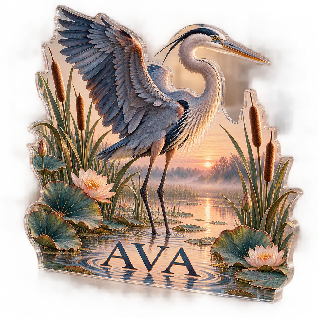 Artwork visualization: Heron marsh — bedroom statement decor, personalized AVA, subject-shaped acrylic with printed optical 3D depth; not carved relief.
