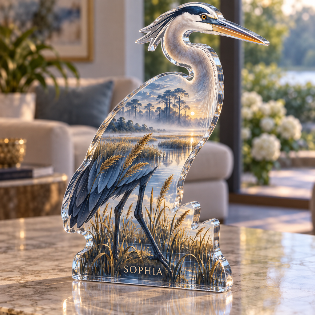 Artwork visualization: Heron marsh — living room focal point, personalized SOPHIA, subject-shaped acrylic with printed optical 3D depth; not carved relief.